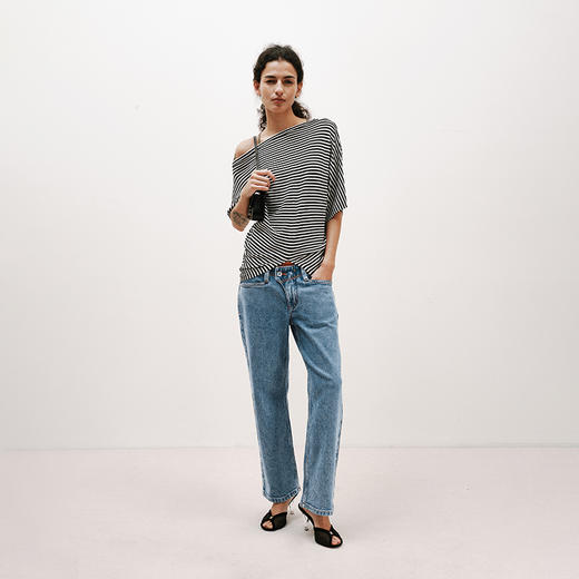 NUTH条纹斜肩宽松蝙蝠袖短袖T恤女 白色/黑白条纹 商品图5