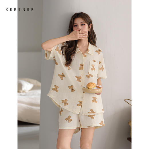 可人儿小众设计师新款泡泡绵女士睡衣夏季短袖可外出家居服套装 商品图3