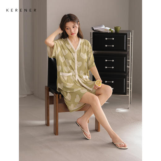 可人儿小众设计师新款奥力绵女士睡衣夏季短袖可外出家居服套装 商品图2