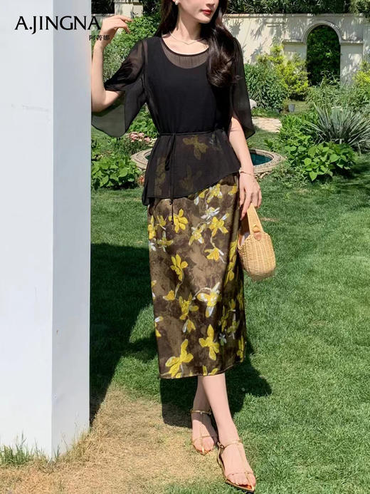 【特价不退换】阿菁娜法式轻熟风优雅裁剪印花套装连衣裙F30X230005 商品图0