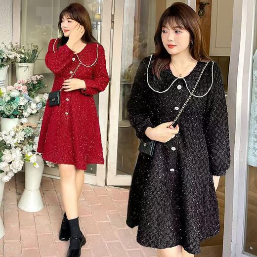超值购【诗铭洛可】W571连衣裙春秋小香风珍珠翻领亮丝连衣裙C1-1 商品图0