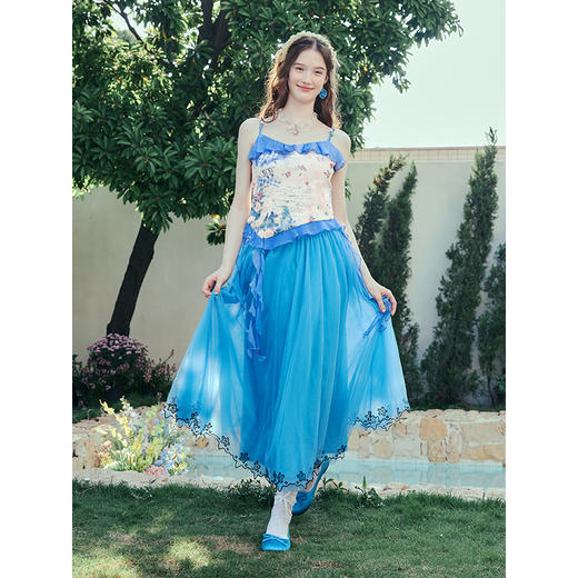 两三事 人鱼梦绘 2025夏季新款甜美荷叶边拼接印花吊带衫女 商品图1