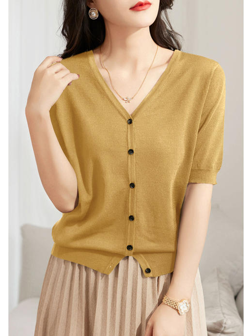 百媚生 夏季新款百搭法式v领纽扣冰丝针织衫3226A 商品图8