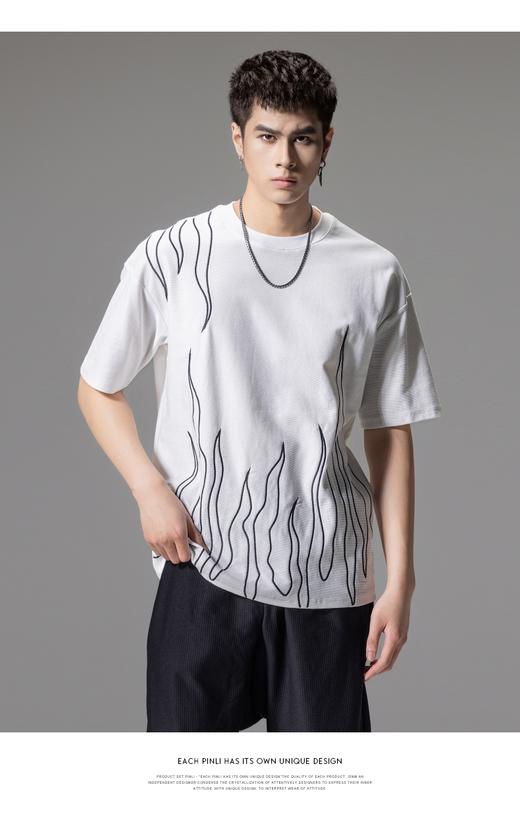 PINLI品立夏季新款刺绣宽松短袖T恤男士线条撞色百搭休闲上衣B242111109 商品图0