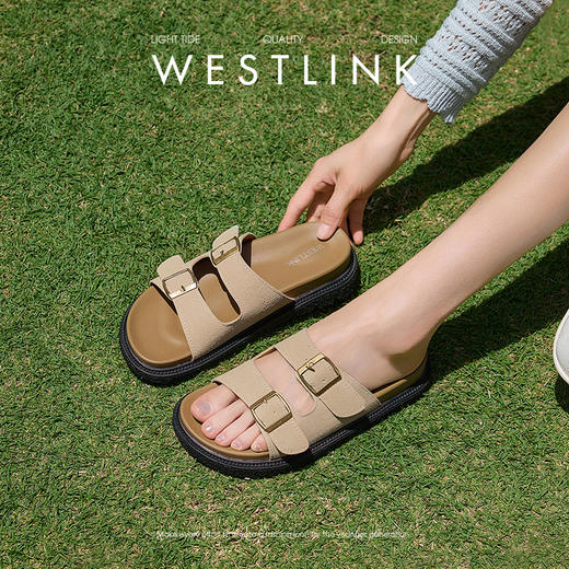 西遇勃肯凉拖鞋女新款夏季休闲海边沙滩一字拖鞋外穿厚底凉鞋V0066380 商品图1