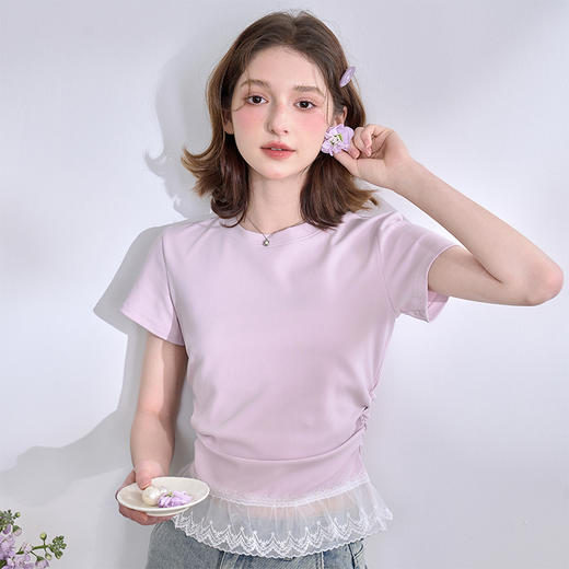 【限时秒杀】西遇圆领短袖t恤女春夏新款短款蕾丝边芭蕾风正肩白色上衣D0050504/D0050734/V0050735 商品图2