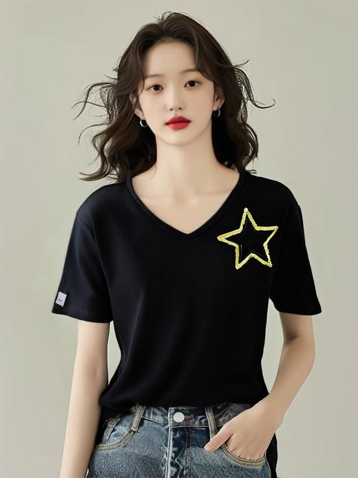 超值购【诗铭洛可】6177 针织T恤亮片星星（胳膊笑脸标染色）A8-1 商品图0