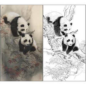 王申勇花鸟工笔画白描底稿《熊猫双庆》临摹勾线高清打印稿A675