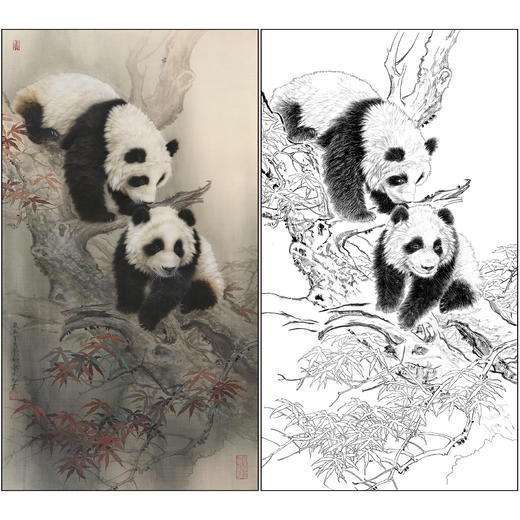 王申勇花鸟工笔画白描底稿《熊猫双庆》临摹勾线高清打印稿A675 商品图0