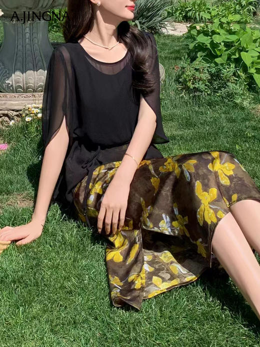 【特价不退换】阿菁娜法式轻熟风优雅裁剪印花套装连衣裙F30X230005 商品图2