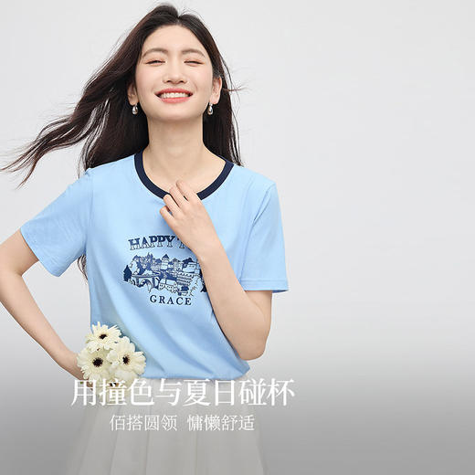【夏日新品】熙世界2025春夏新款美式复古建筑印花T恤女短袖休闲撞色圆领上衣 商品图1