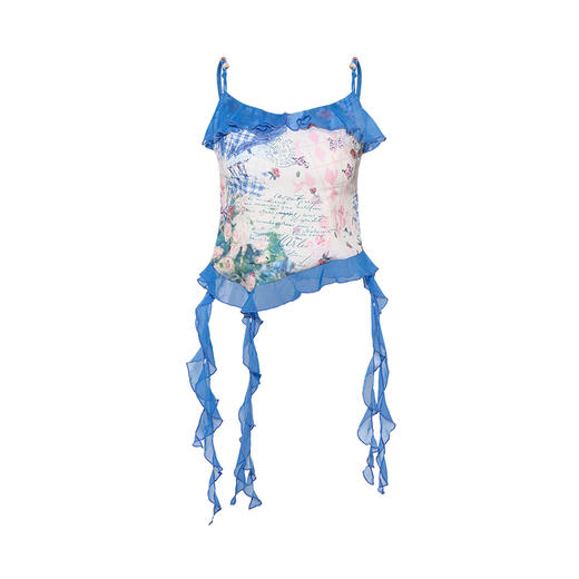 两三事 人鱼梦绘 2025夏季新款甜美荷叶边拼接印花吊带衫女 商品图4