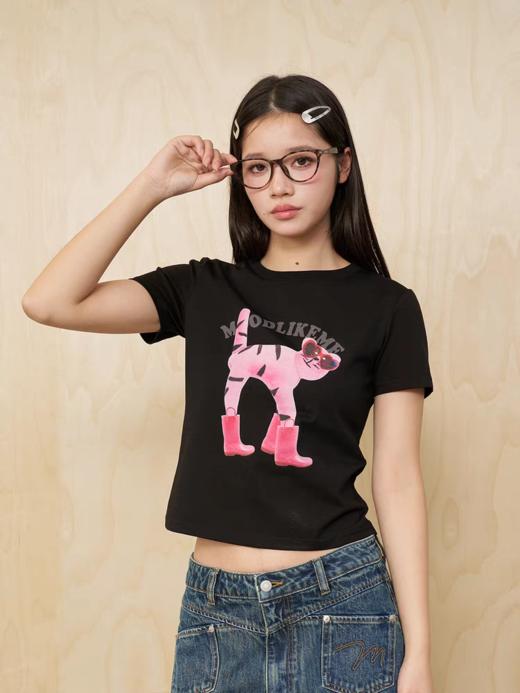 MoodLikeMe/MTX2513/时髦爪爪泰哥粉猫玩偶合身短款女装短袖T恤 商品图3