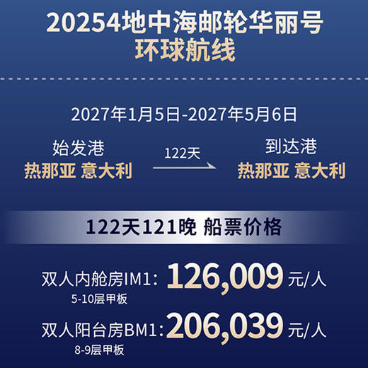 【邮轮订金】122天环球航线2027年MSC地中海邮轮[华丽号]1月5日 热那亚出发 终极心愿环球之旅 商品图3