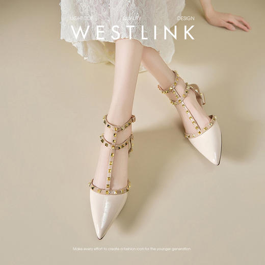 西遇铆钉包头凉鞋女新款夏季外穿法式粗跟罗马鞋低跟尖头单鞋V0156571 商品图2
