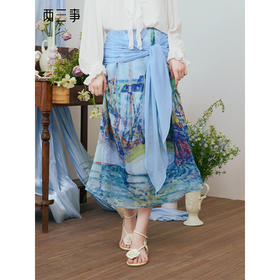 两三事 夏海潮生 2025夏季新款复古双层印花绑带高腰半身裙长裙