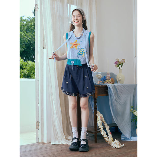 两三事 海星童话 2025夏季新款趣味海星贴布绣手钩花装饰针织衫女 商品图1