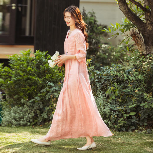 【林栖设计小店】（现货）苎麻连衣裙牙签褶优雅绣花修身2025夏季新品花仙子长裙女1952069 商品图2