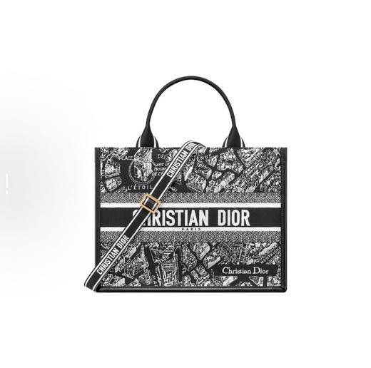 DIOR迪奥 印花敞口设计 刺绣拼小牛皮 托特包Tote包购物袋单肩斜挎手提包 中号 女款 白色拼黑色（HH） 商品图0