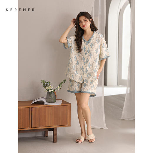可人儿小众设计师新款泡泡绵女士睡衣夏季短袖可外出家居服 商品图3