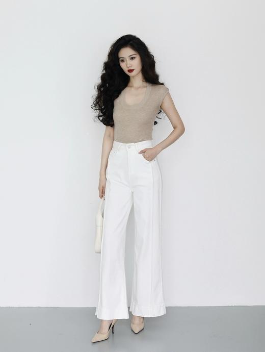 秦岚同款线条时髦立体分割线阔腿直筒显瘦牛仔裤 商品图1