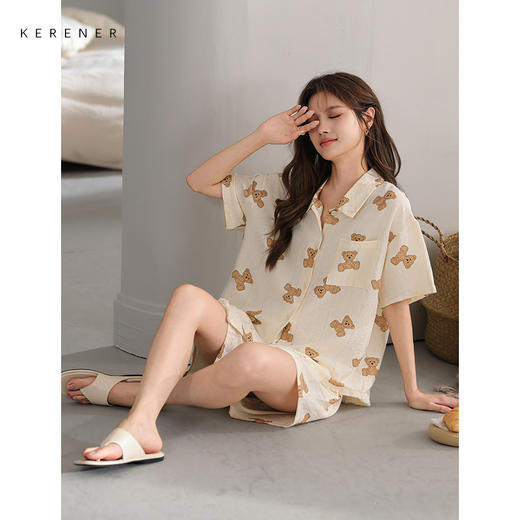 可人儿小众设计师新款泡泡绵女士睡衣夏季短袖可外出家居服套装 商品图2