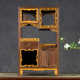 清	红木嵌黄杨木圈口围栏博古架摆件