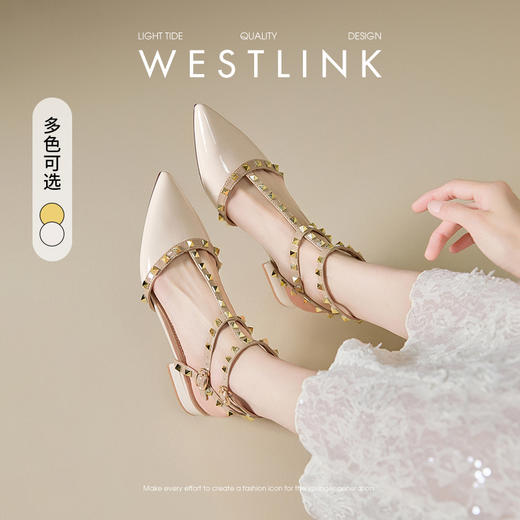 西遇铆钉包头凉鞋女新款夏季外穿法式粗跟罗马鞋低跟尖头单鞋V0156571 商品图0