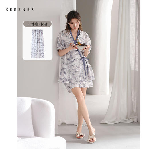 可人儿夏季泡泡绵睡衣女夏天日系和服短袖短裤可外穿家居服三件套 商品图0
