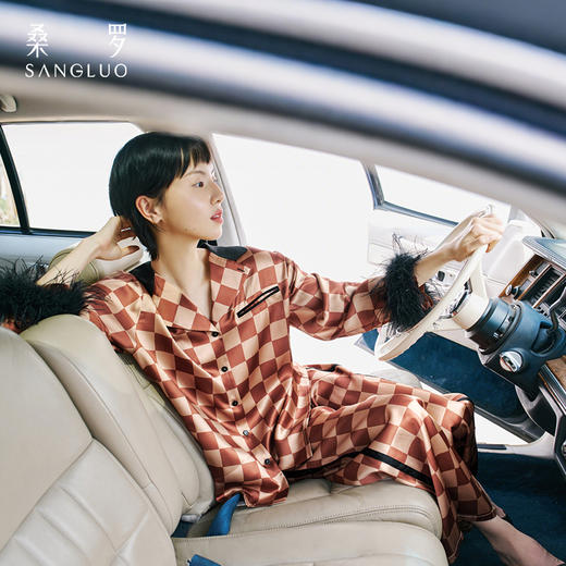 复古时尚』桑罗摩卡格纹真丝羽毛家居服100%桑蚕丝休闲舒适可外穿 商品图0