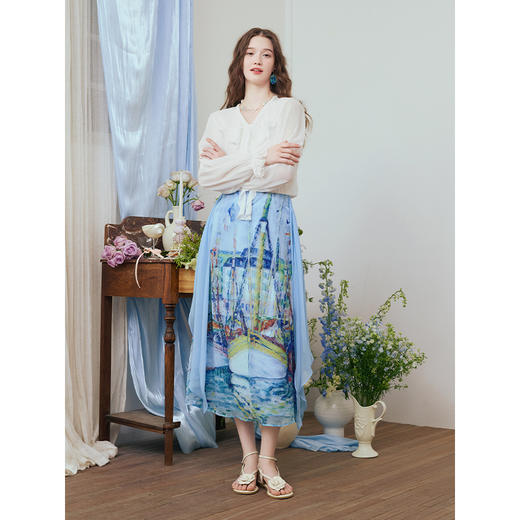 两三事 夏海潮生 2025夏季新款复古双层印花绑带高腰半身裙长裙 商品图3