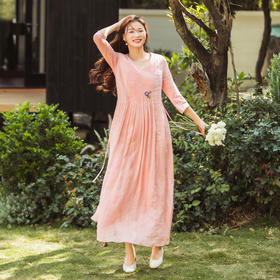 【林栖设计小店】（现货）苎麻连衣裙牙签褶优雅绣花修身2025夏季新品花仙子长裙女1952069