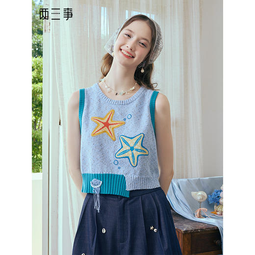 两三事 海星童话 2025夏季新款趣味海星贴布绣手钩花装饰针织衫女 商品图0