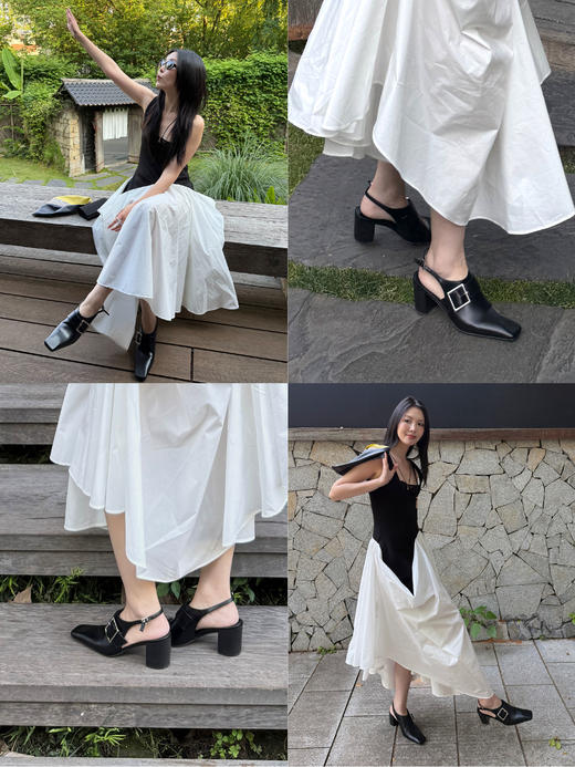 HIDEMI 【侯佩岑同款】进口牛皮金属扣搭襻设计感尖方头粗跟可调节扣高跟鞋单鞋 黑色/白色 商品图5