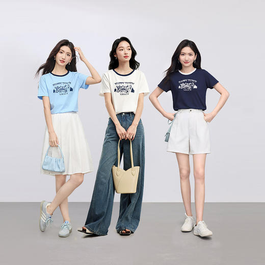 【夏日新品】熙世界2025春夏新款美式复古建筑印花T恤女短袖休闲撞色圆领上衣 商品图2