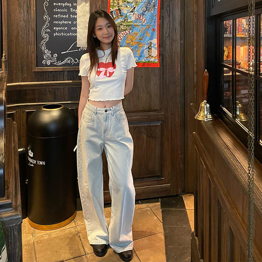 HERLIAN 2025年春季新品绣蝴蝶结宽松阔腿牛仔裤 商品图1