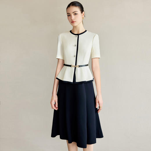 IWY/黑白拼接夏季短袖西装连衣裙女高端设计感拼接假两件职业套裙Q1368 商品图3