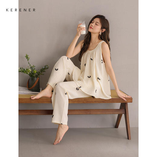 可人儿小众设计师新款泡泡绵夏女士吊带长裤睡衣可外出家居服套装 商品图3