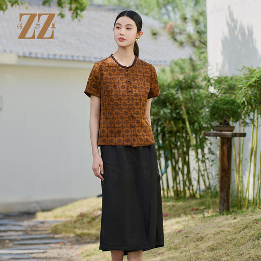 佐尔美夏季新款新中式国风100%桑蚕丝短袖上衣女M52CS04 商品图4
