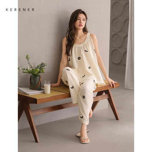 可人儿小众设计师新款泡泡绵夏女士吊带长裤睡衣可外出家居服套装 商品图2