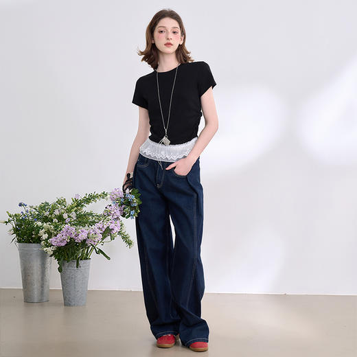 【限时秒杀】西遇圆领短袖t恤女春夏新款短款蕾丝边芭蕾风正肩白色上衣D0050504/D0050734/V0050735 商品图1