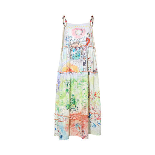 两三事汐光梦绘2025夏季新款度假风流苏串珠吊带印花裙宽松连衣裙 商品图4