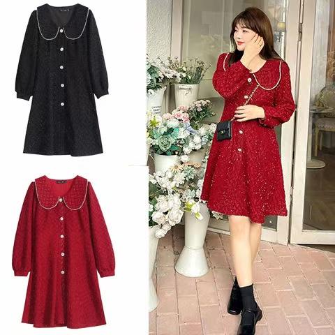 超值购【诗铭洛可】W571连衣裙春秋小香风珍珠翻领亮丝连衣裙C1-1 商品图1