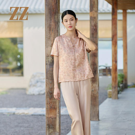 佐尔美夏季新款新中式国风桑蚕丝短袖衬衫女M52CS11 商品图2