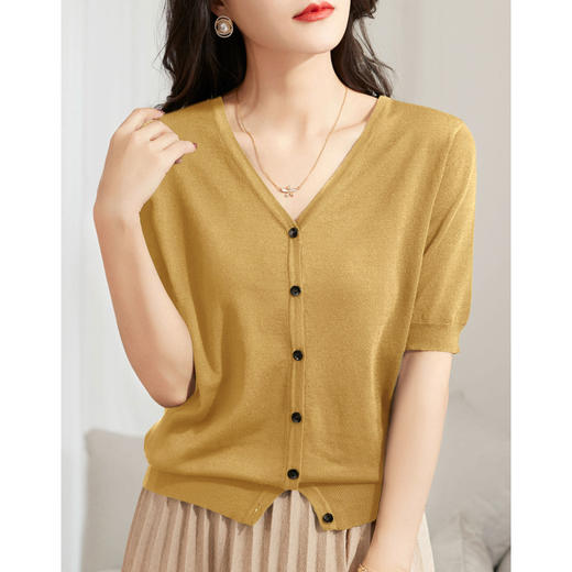 百媚生 夏季新款百搭法式v领纽扣冰丝针织衫3226A 商品图2