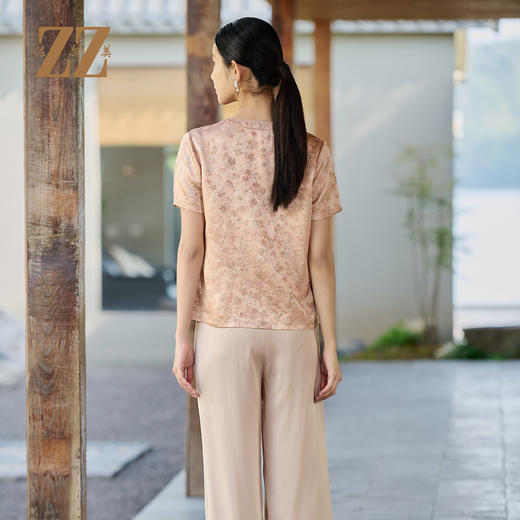 佐尔美夏季新款新中式国风桑蚕丝短袖衬衫女M52CS11 商品图4