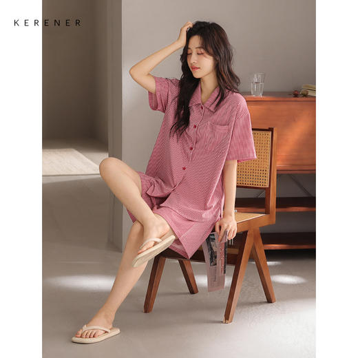 可人儿小众设计师新款泡泡绵女士睡衣夏季短袖可外出家居服套装 商品图3