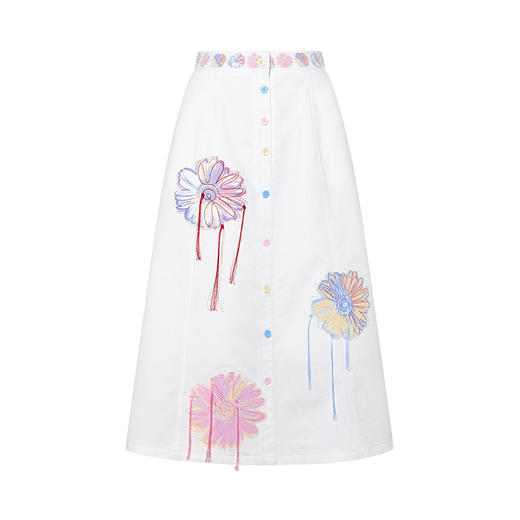 两三事梵高文艺半糖雏菊2025夏季新款流苏绣花彩色纽扣A字半身裙 商品图4