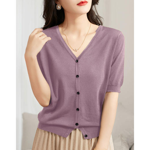 百媚生 夏季新款百搭法式v领纽扣冰丝针织衫3226A 商品图3