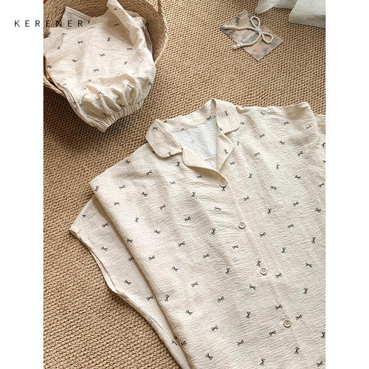 可人儿小众设计师新款泡泡绵女士睡衣夏季短袖可外出家居服三件套 商品图2